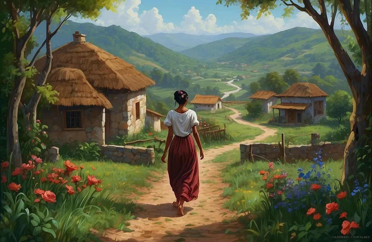 a painting of a woman walking down a dirt road