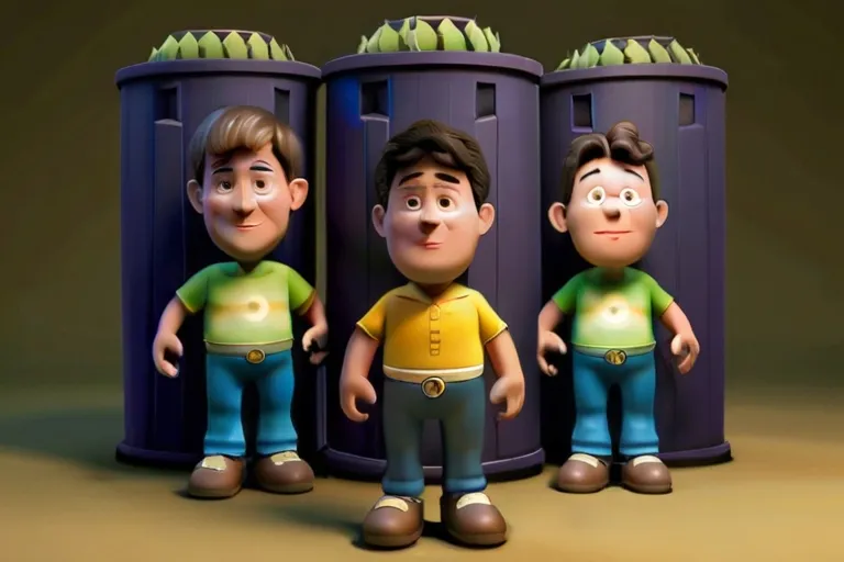 a group of three cartoon characters standing next to each other