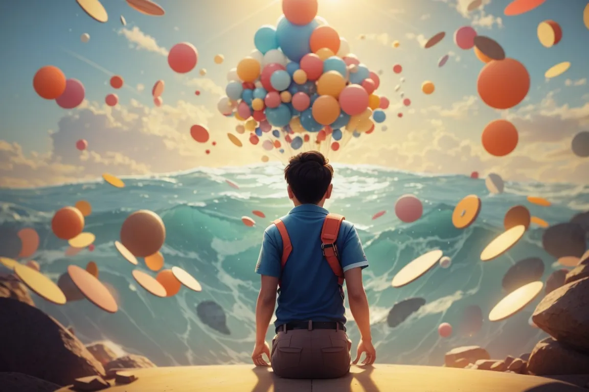 a boy sitting on a rock looking at balloons floating in the air