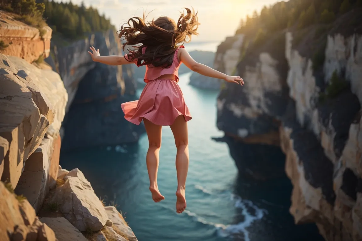 a woman jumping off a cliff into the ocean