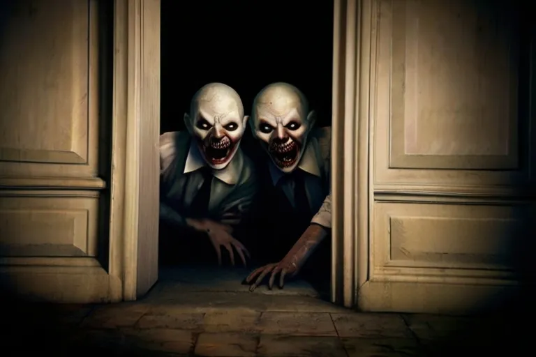 two creepy clowns peeking out of a doorway