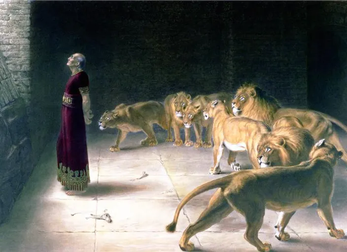 a painting of lions and a woman in a red dress