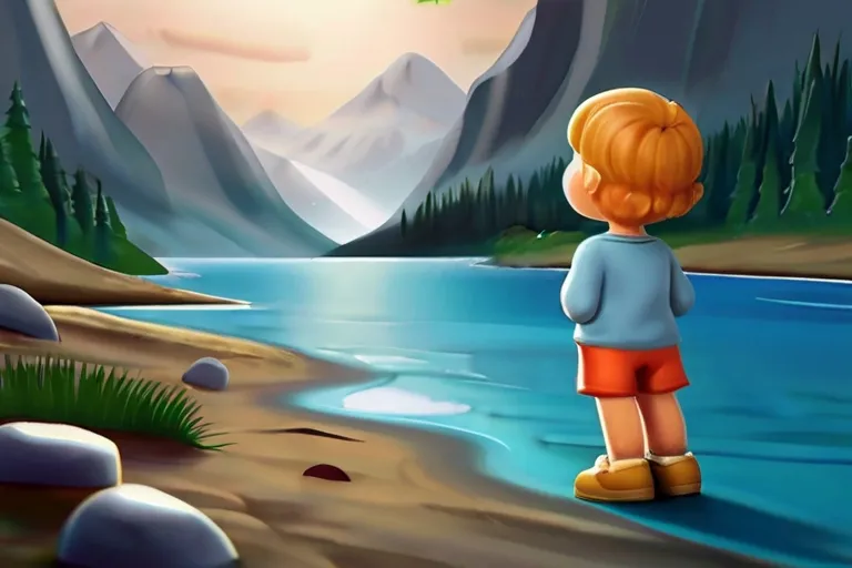 a little boy standing in front of a mountain lake