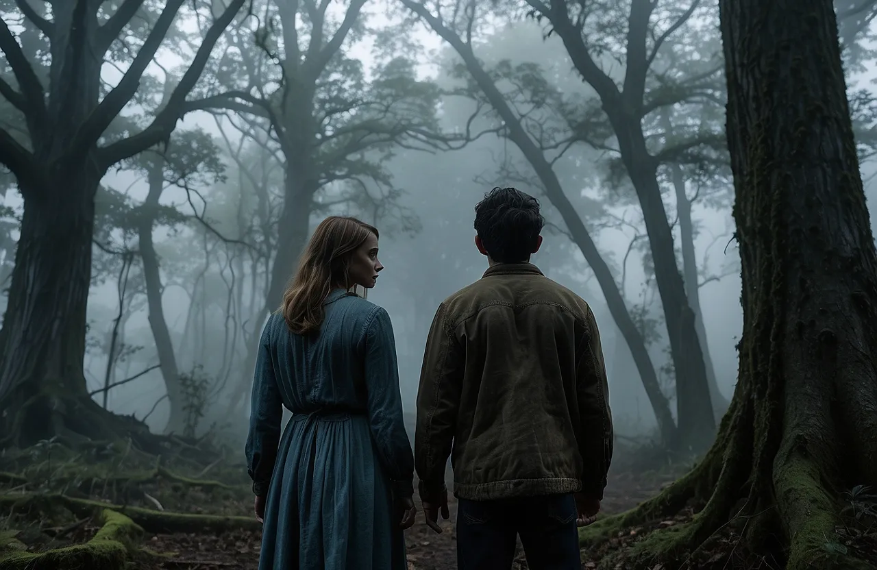 a man and a woman standing in the woods