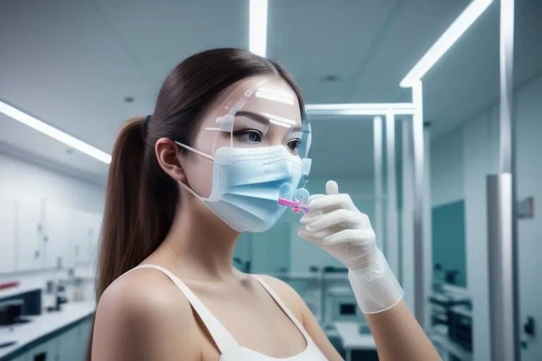 a woman wearing a face mask and gloves