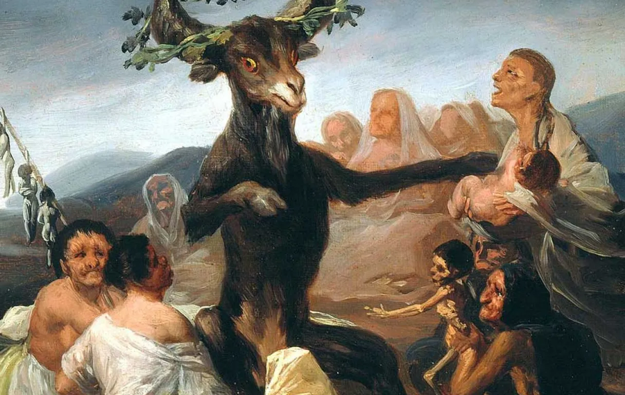 a painting of a goat standing in front of a group of people