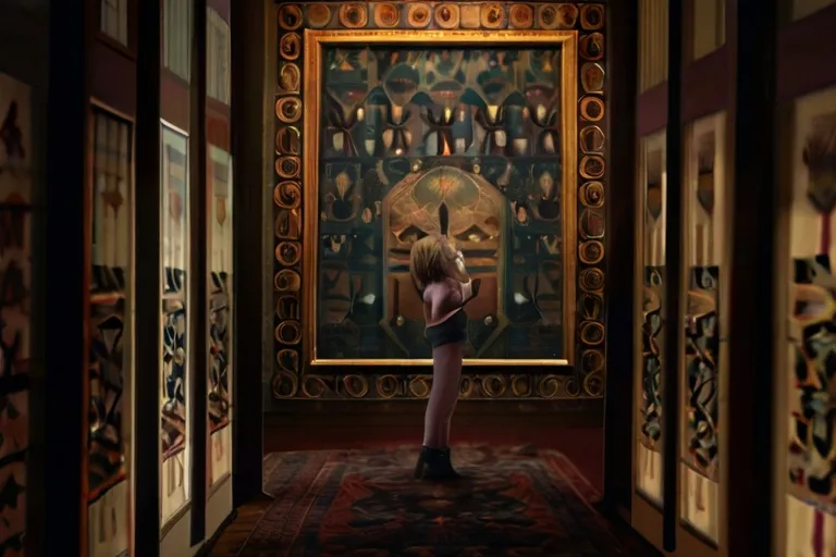 a woman standing in a hallway in front of a painting