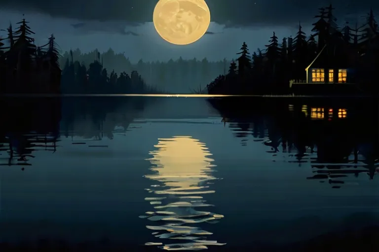 a painting of a full moon over a lake