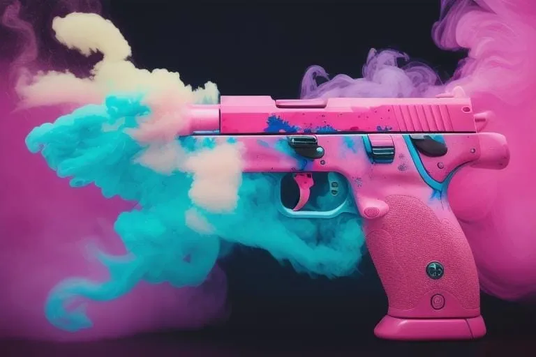 a pink and blue gun with smoke coming out of it