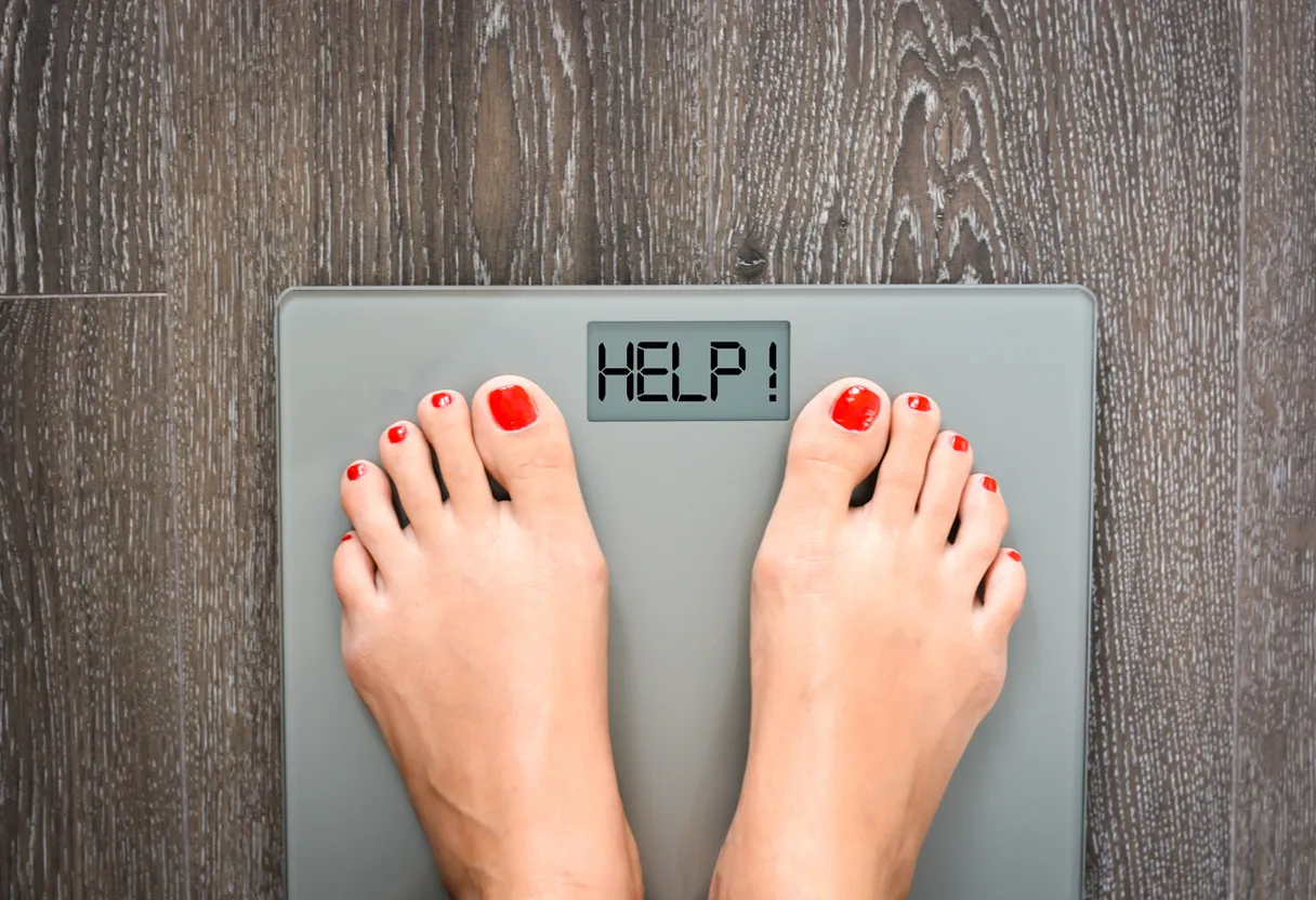 a woman standing on a scale with her feet on the scale