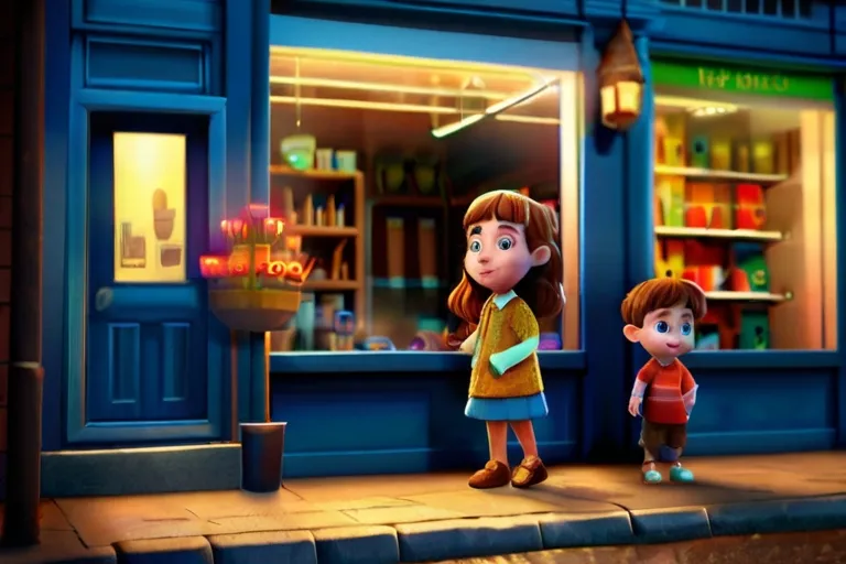 a boy and a girl standing in front of a store