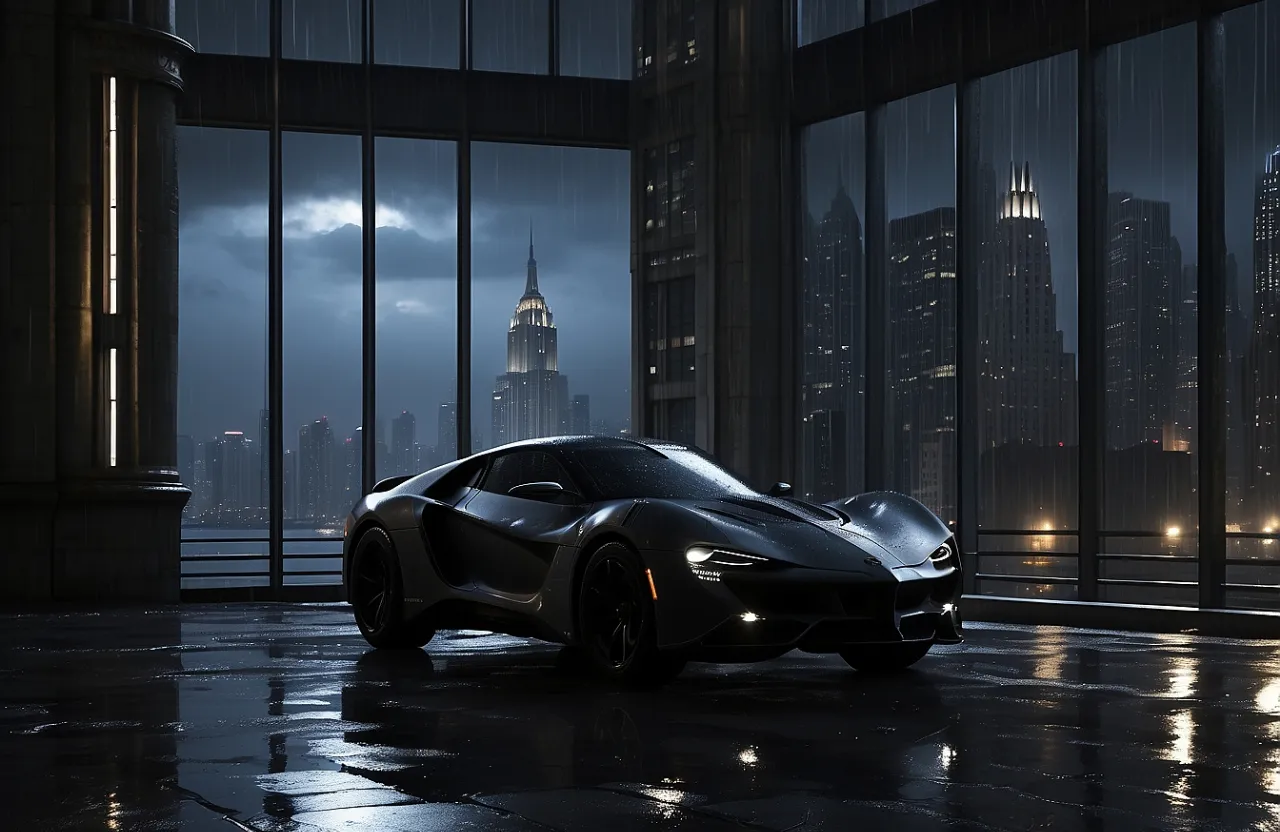 a black sports car parked in front of a window