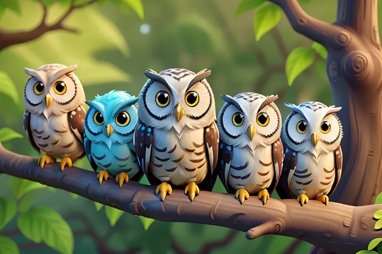  Wise Wing, the majestic owl, perched on a gnarled tree branch, looking down at Sparkle and her friends with wise eyes.