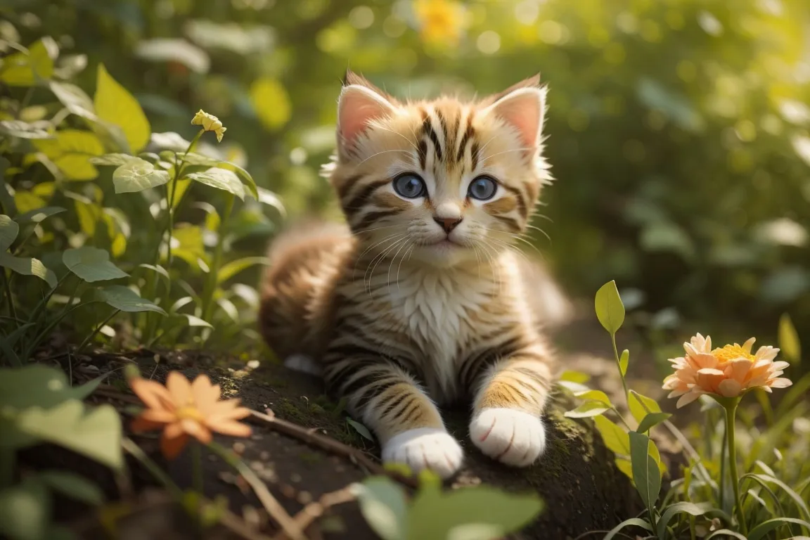 a small kitten sitting on top of a lush green field