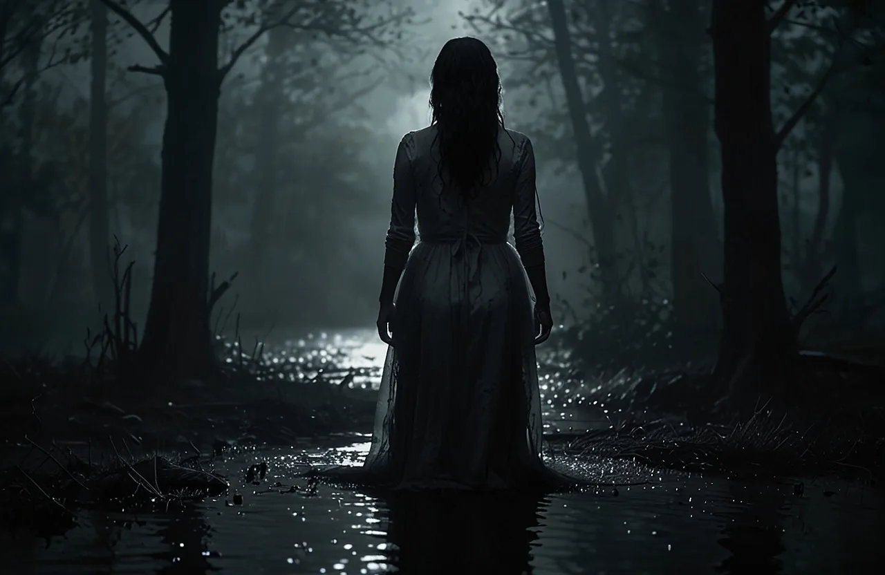 a woman in a white dress standing in a dark forest