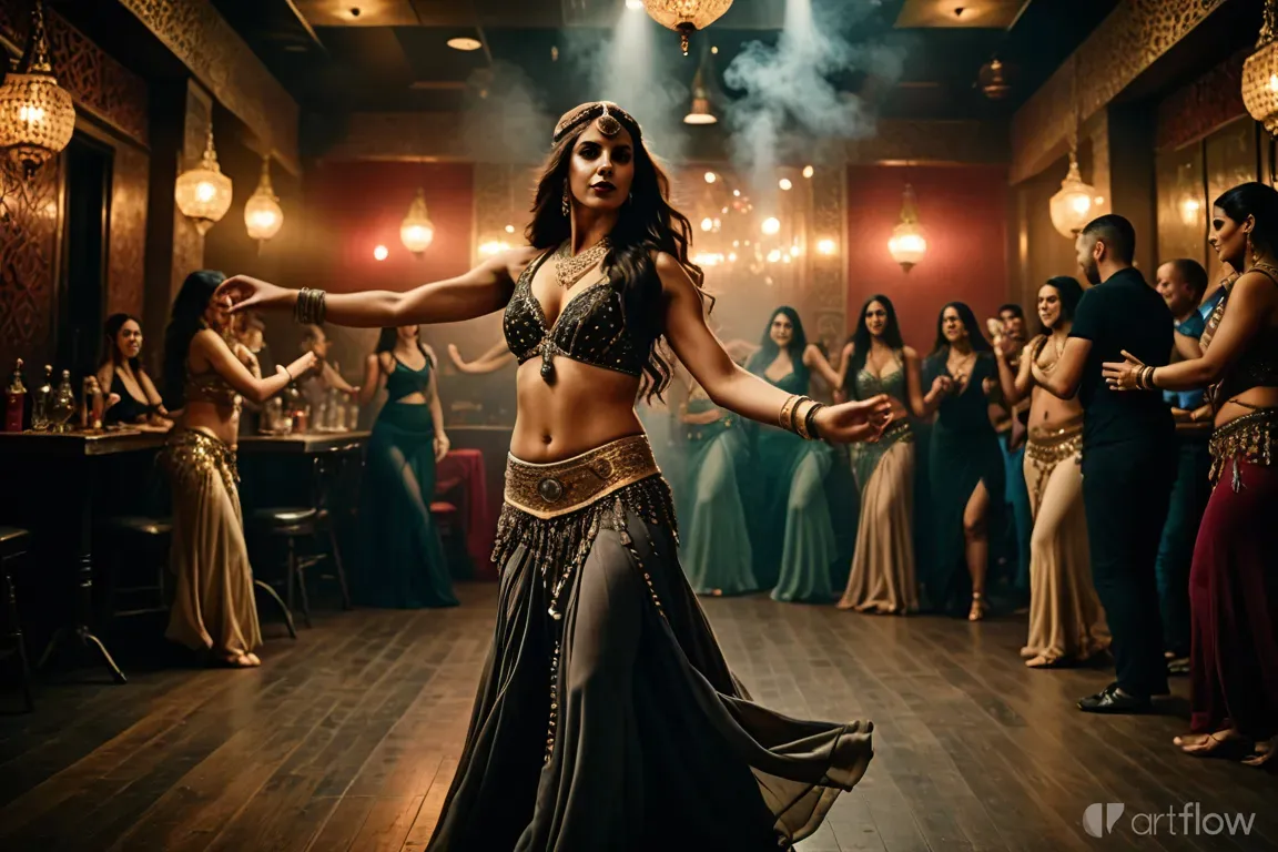 a woman in a belly dance pose in front of a group of people