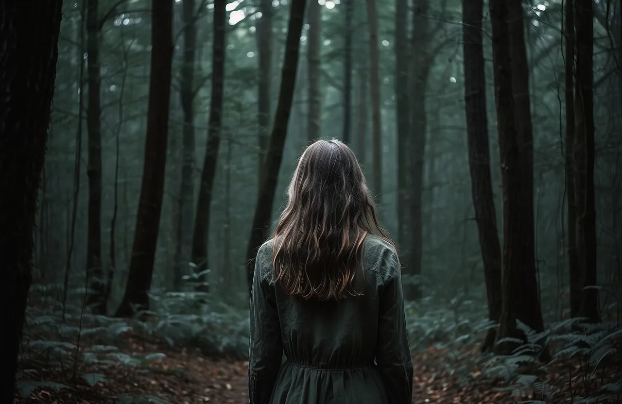 a woman standing in the middle of a forest