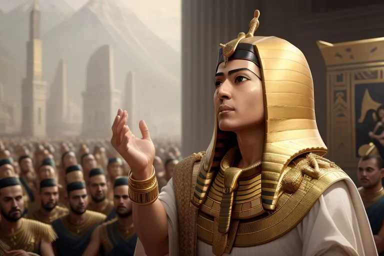 an egyptian man in a golden costume waving his hand with other men in the background