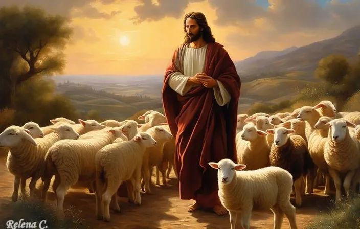 a painting of jesus walking with a flock of sheep