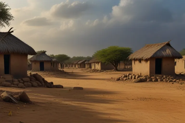 a dirt road that has some huts on it