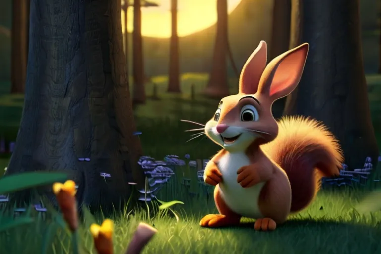 a cartoon squirrel standing in the grass in front of a forest