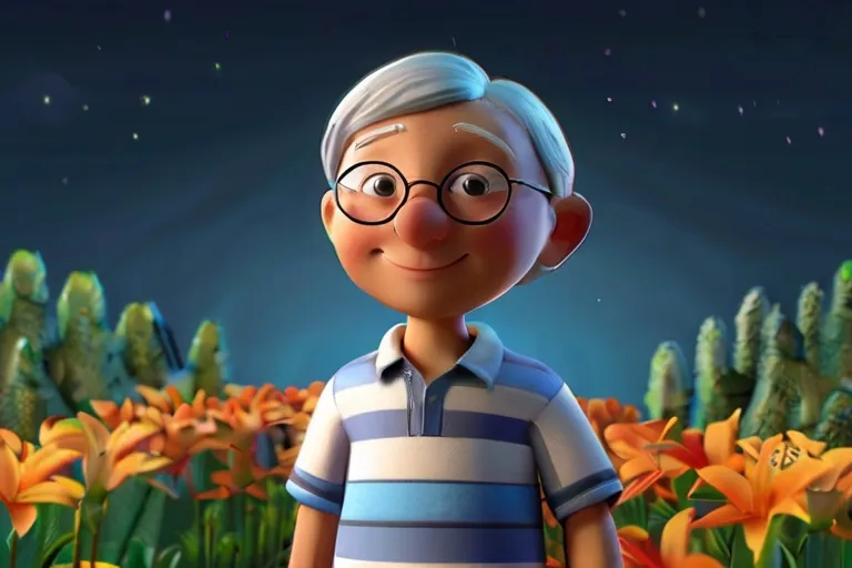 a cartoon character standing in a field of flowers