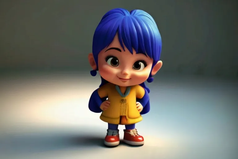 a little girl with blue hair wearing a yellow jacket