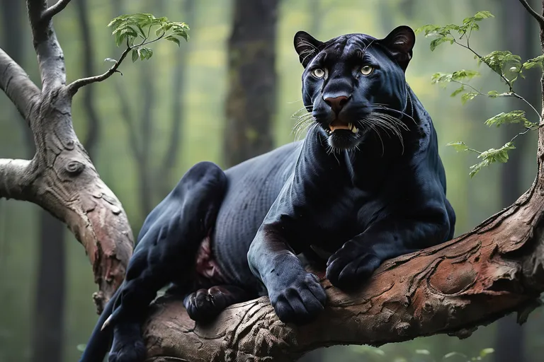 a black panther sitting on top of a tree branch, Anime