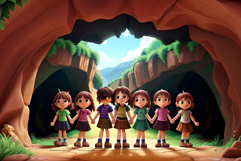 The group of friends holding hands and entering the cave together, their faces filled with determination.