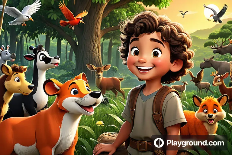 a young boy standing in front of a forest filled with animals