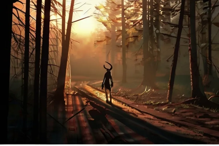 a person walking through a forest at sunset