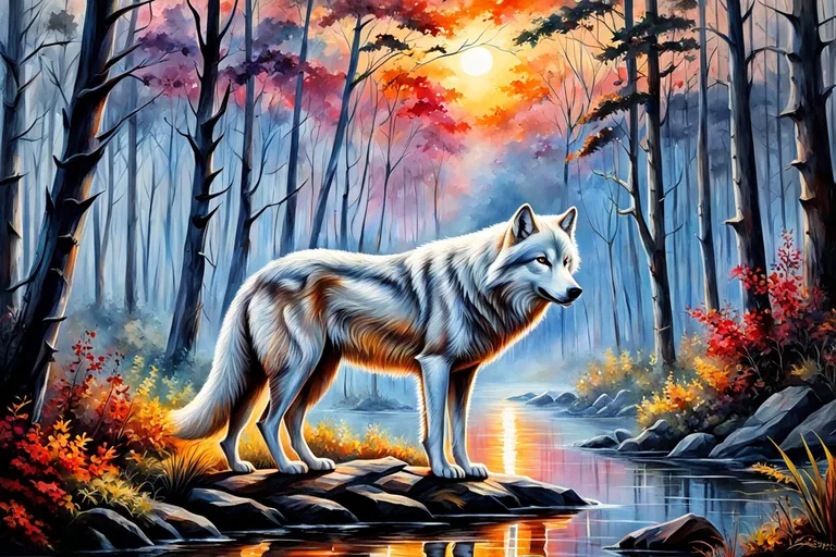 a painting of a wolf standing on a rock in a forest