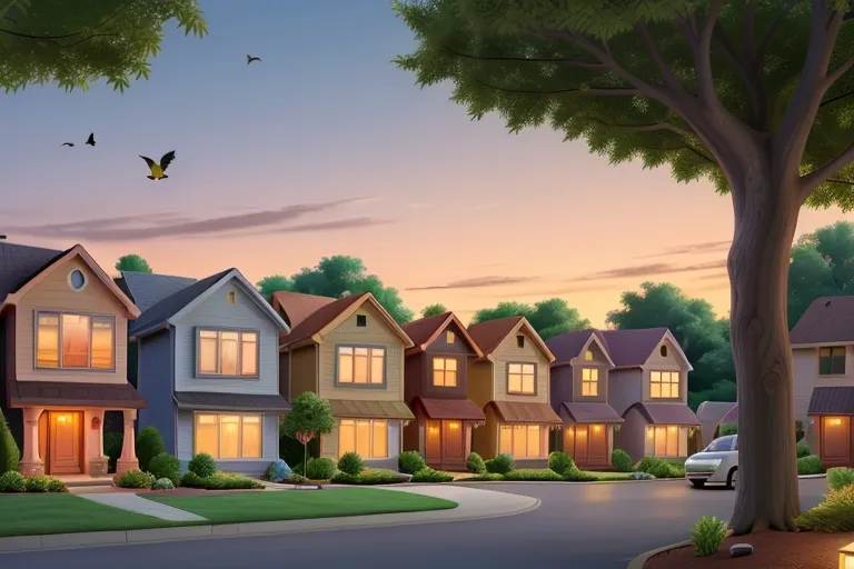  A serene suburban neighborhood bathed in the warm glow of sunset, with birds chirping and leaves rustling]