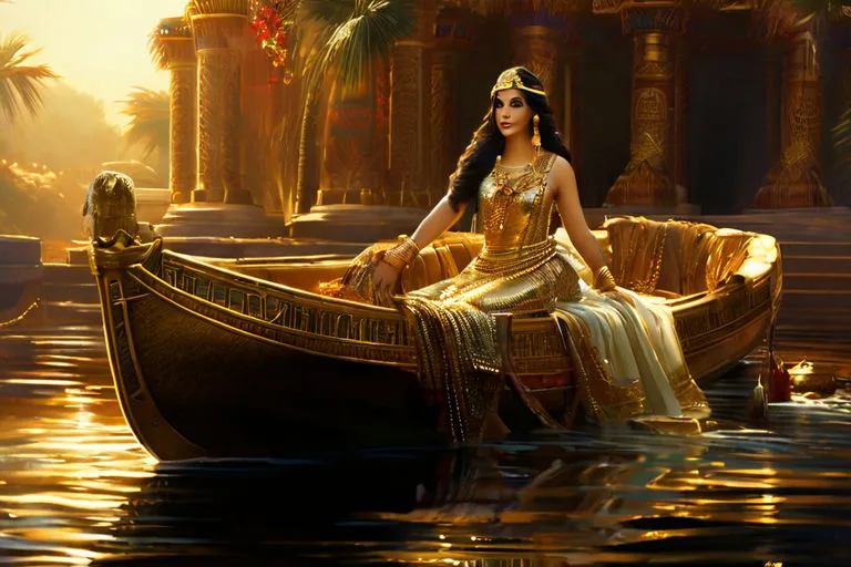 a woman in a golden dress sitting on a boat