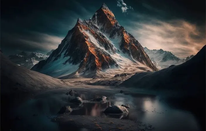 a mountain covered in snow next to a body of water