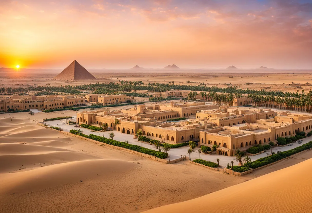 an aerial view of a desert with a pyramid in the background