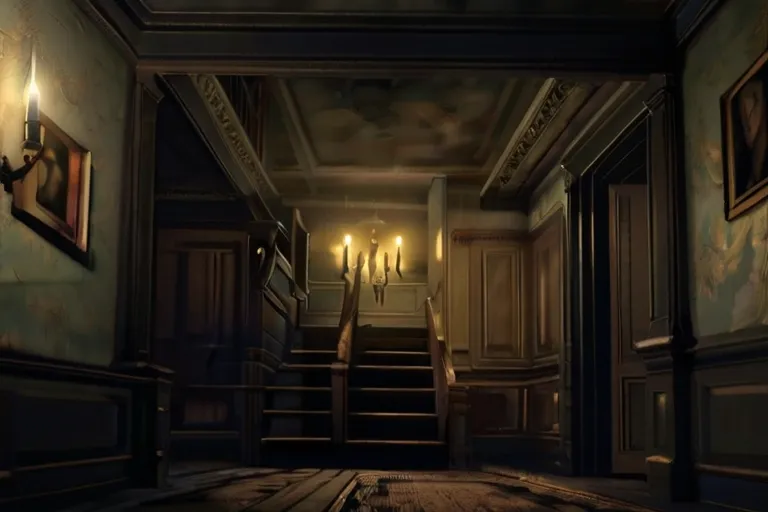a dark hallway with stairs and paintings on the walls
