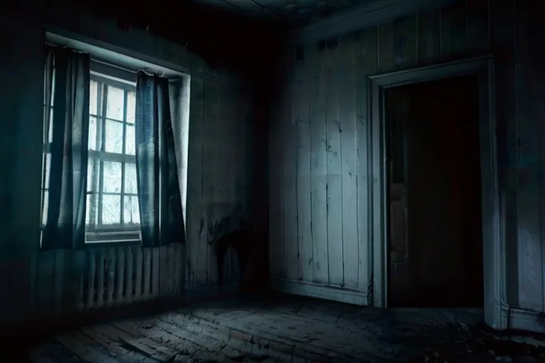 a dark room with a door and window