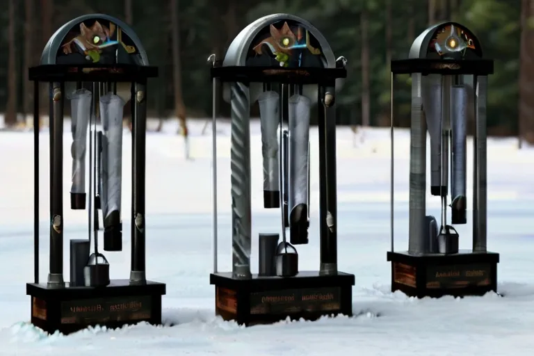 three metal clocks sitting on top of snow covered ground