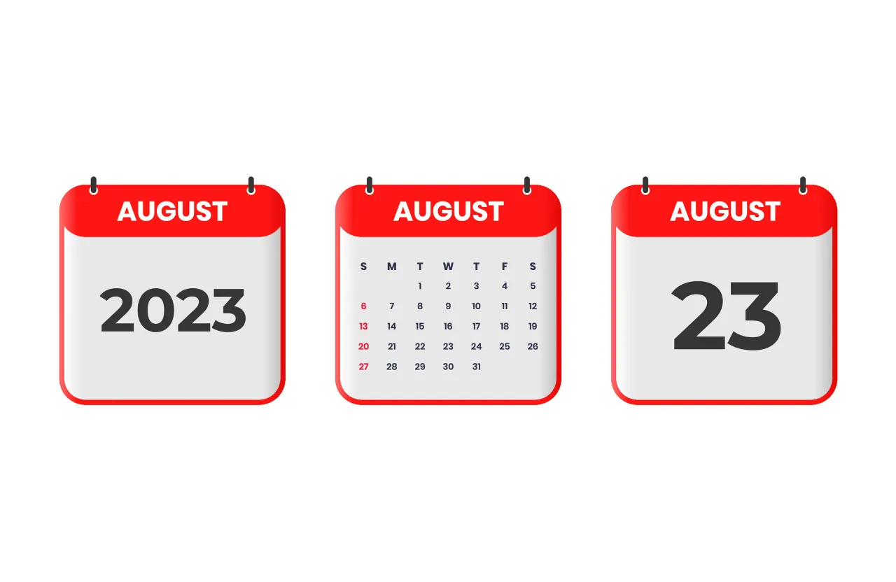 a red and white calendar with the date of august and august