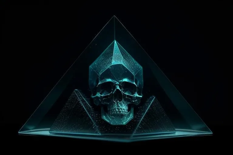 a glass pyramid with a skull inside of it