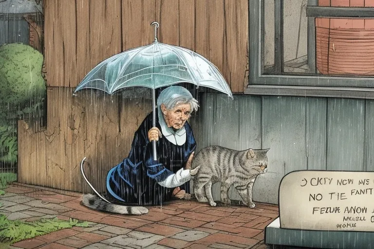 a painting of a woman with a cat under an umbrella