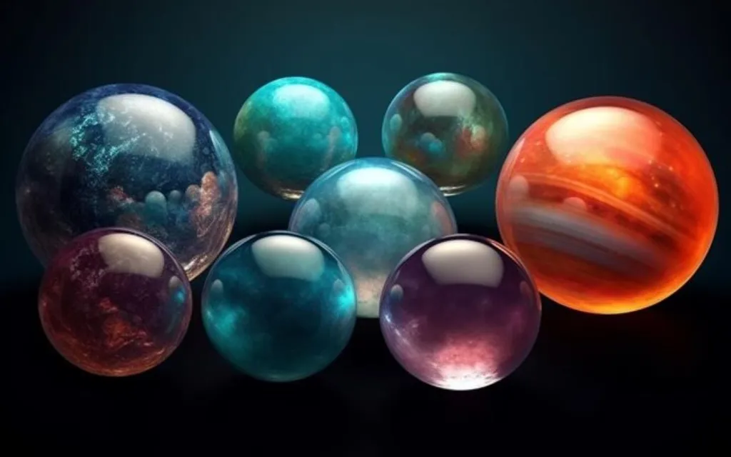 a group of different colored marbles on a black background