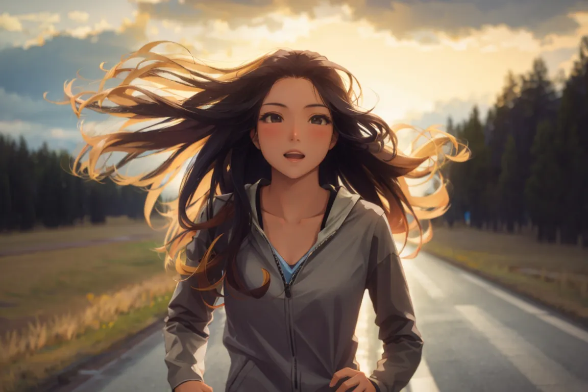 A girl with long hair walks along the road towards the sun