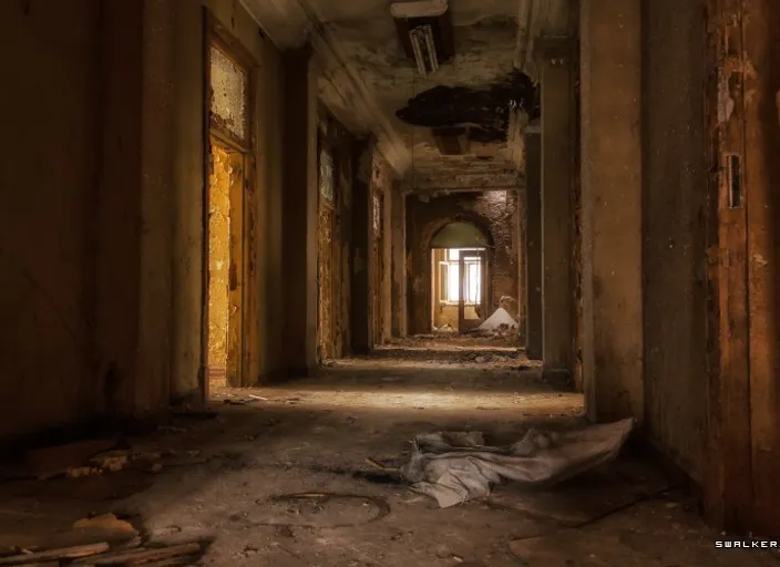 a hallway in an abandoned building with peeling paint