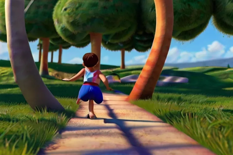 a young boy is running down a path in a cartoon