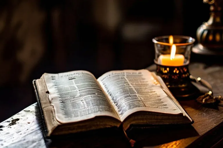 an open book sitting on top of a table next to a candle