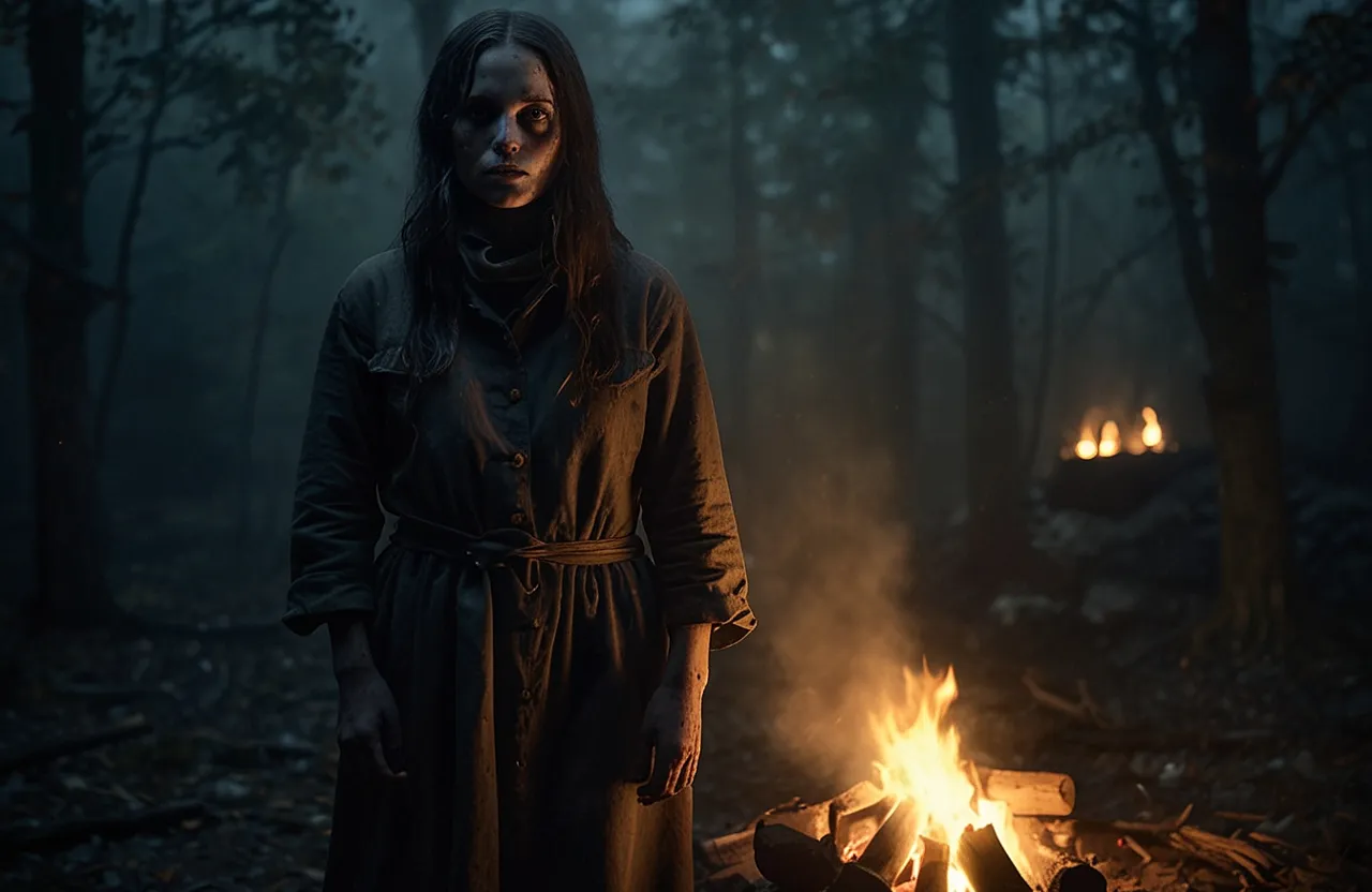 a woman standing in front of a fire in the woods