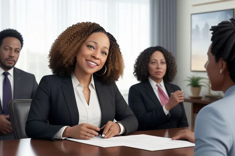 a woman sitting at a table in front of a group of men, going over paperwork while explaining them to the men