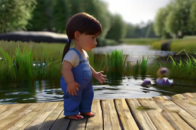 a little girl standing on a wooden dock next to a body of water